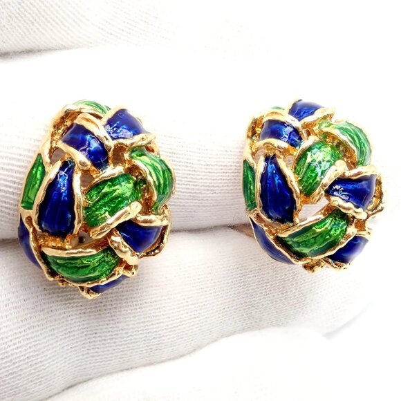 Vintage Tiffany & Co Green Blue Enamel 18k Yellow Gold Basket Weave Earrings - Picture 6 of 12
